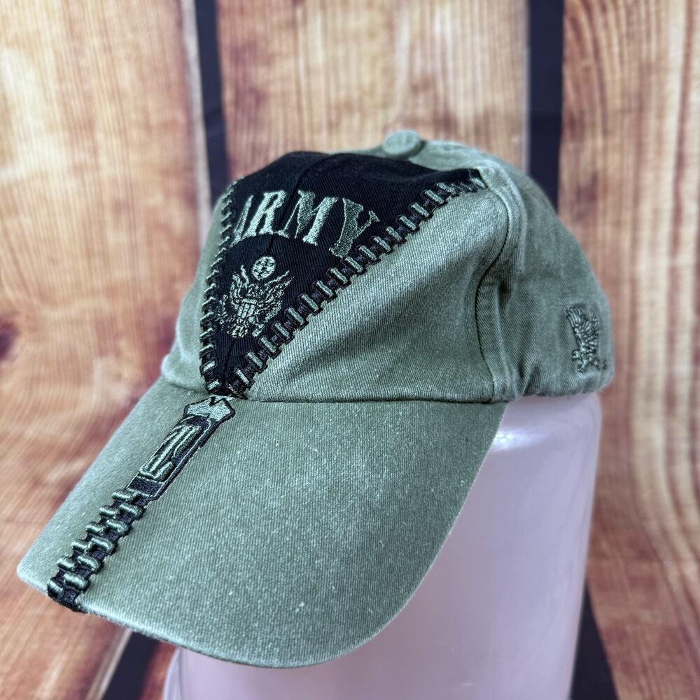 US Army Hat Green Black Zipper Embroidered Strap Back Baseball Cap Eagle Crest